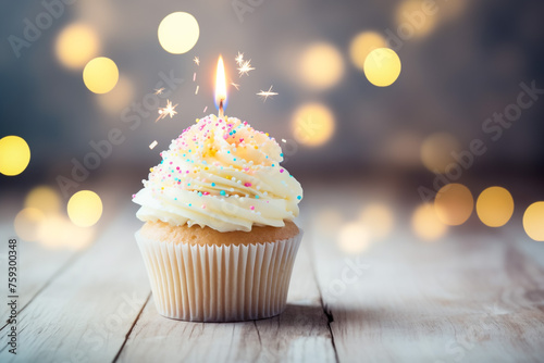 A festive birthday cupcake with a single lit candle sits atop a plate  set against a backdrop of shimmering holiday bokeh lights. 3d vector painting