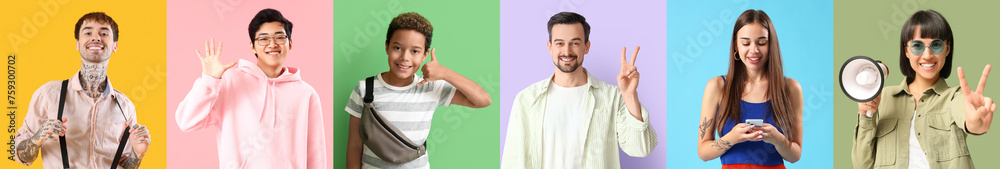 Collage of happy people on color background Collage of happy people on color background