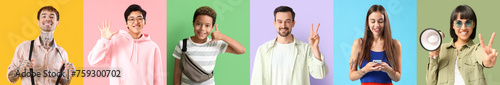 Collage of happy people on color background