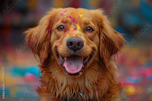 A golden retriever dog with vibrant face paint celebrating the Holi Festival of Colors