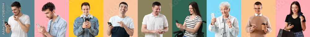 Set of different people using mobile phones on color background Set of different people using mobile phones on color background