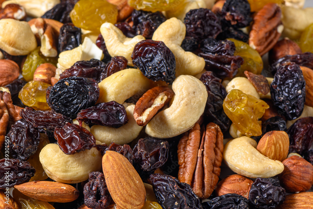 background with a cashew, hazelnuts, raisins and peanuts. Mixed nuts and raisins texture. 1 background with a cashew, hazelnuts, raisins and peanuts. Mixed nuts and raisins texture. 1