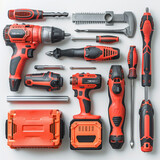 A neatly organized display of various red and black power tools for construction and DIY projects on a white background.