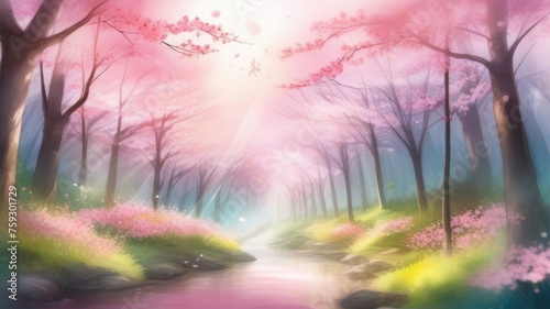 Forest with trees with pink foliage. Path in the forest with a magical magical atmosphere. The concept of magic, natural beauty, mysticism and tranquility.