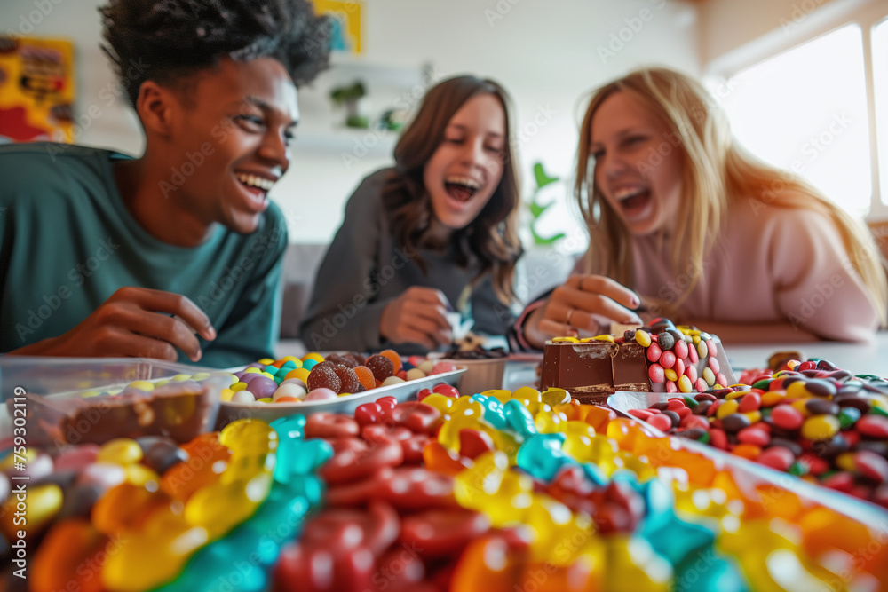 Fototapeta premium Friends Laughing and Enjoying Candies Together