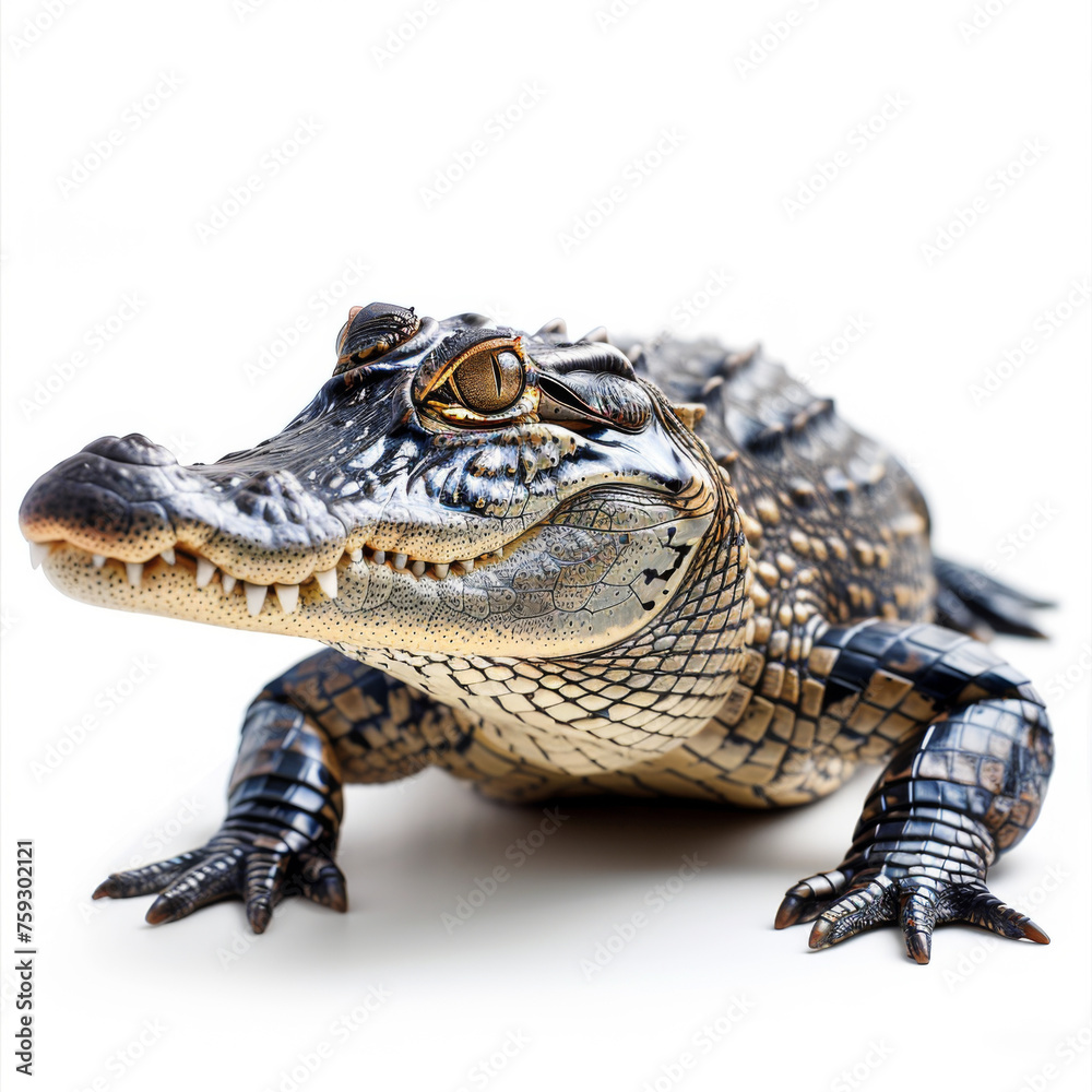 Obraz premium Side view of a calm alligator on a white background, showcasing its detailed scales.