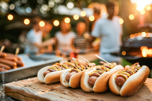 Gourmet Hot Dogs Ready to Serve at Outdoor Evening Party photo