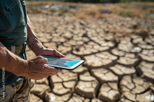 Environmental Scientist Analyzing Drought Conditions on Tablet