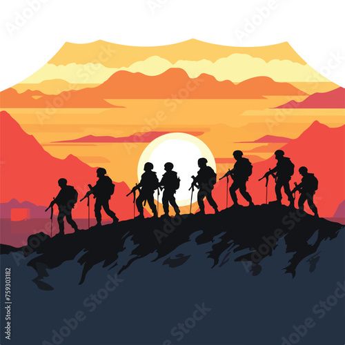 seven soldiers sunset scene flat vector illustratio