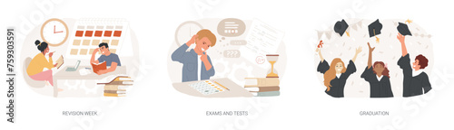 School and college activity isolated concept vector illustration set. Revision week, exams and tests, graduation, exam timetable, stress and anxiety, academic degree, form sheet vector concept.