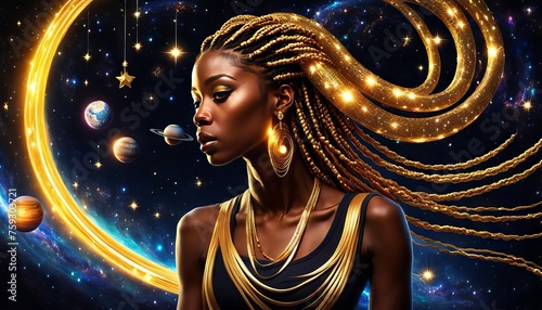 A beautiful goddess in gold with long braided hari.  photo