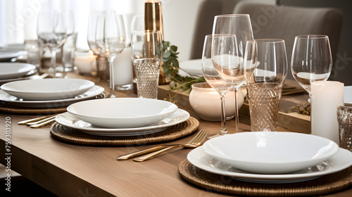 Luxurious Dining Table Set-up featuring White Ceramic Plates, Silverware, Crystal Glassware, and Floral Centrepiece