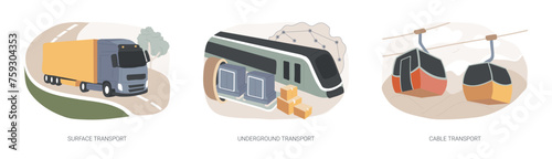 Public transport isolated concept vector illustration set. Surface, underground and cable transport, road and highway, trolleybus, bus stop, subway train station, passenger traffic vector concept.