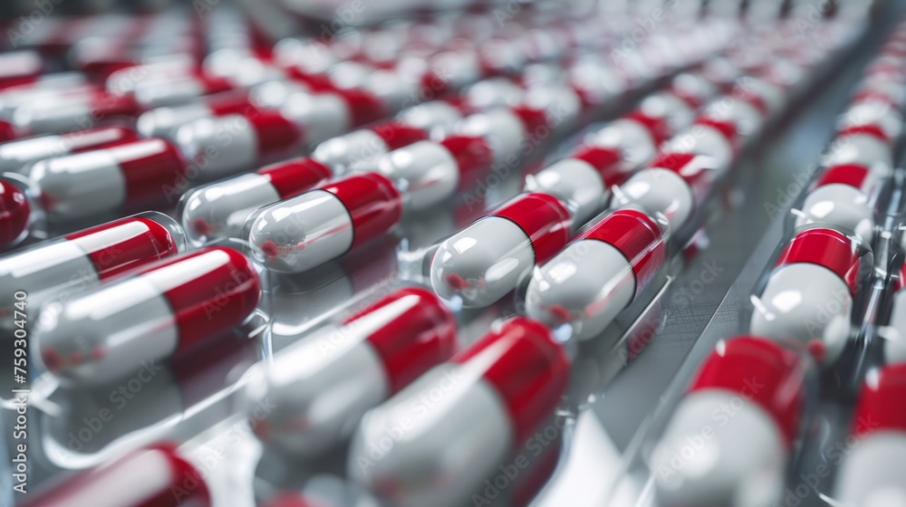Fototapeta premium White and red capsules, pharmaceutical concept generative ai