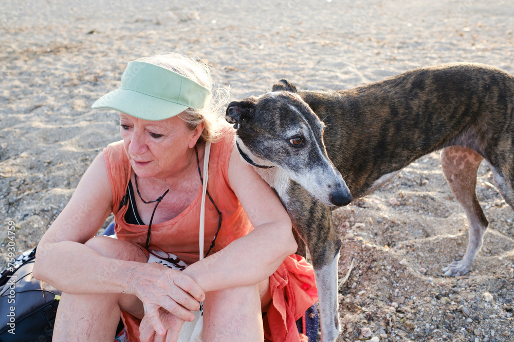 senior woman sitting on the beach sand bonding with dog senior woman sitting on the beach sand bonding with dog