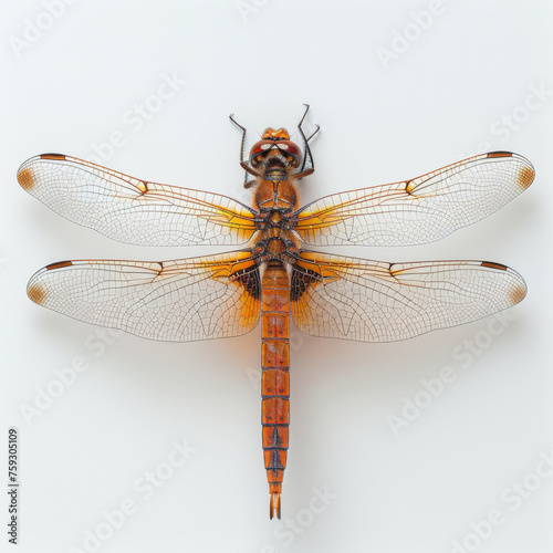 A top-down view of a dragonfly, displaying its detailed wing structure and body pattern on a spotless background. © khonkangrua