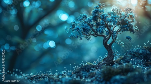Beautiful tree in the forest with blue bokeh background.