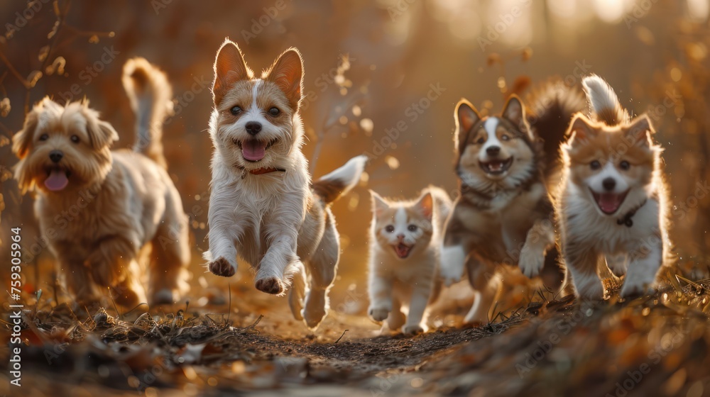 Cute funny dog and cat group jumps and running and happily a field blurred background