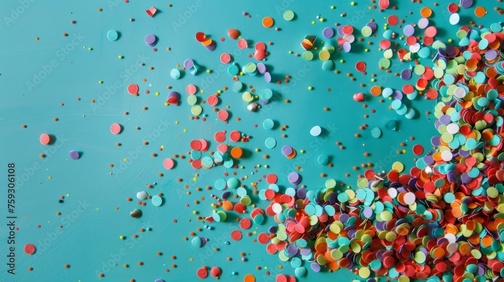 Playful confetti arrangement on a turquoise background generative ai
