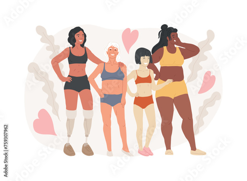 Body positive isolated concept vector illustration. Positive body image, diversity trend, positivity, acceptance of all body types, self-confidence, plus size brand promotion vector concept.