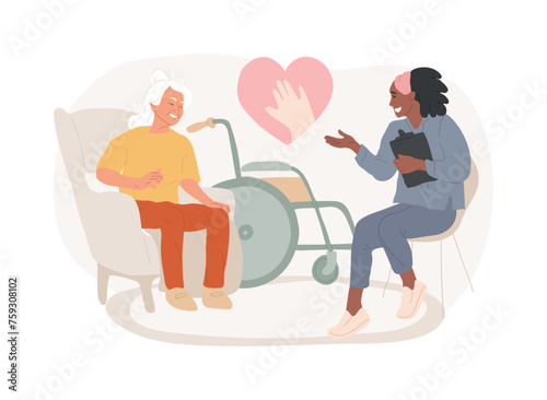 Social assistance isolated concept vector illustration. Social services workers, low income, care about seniors, volunteer help, home nursing, caregiver support, disabled person vector concept.