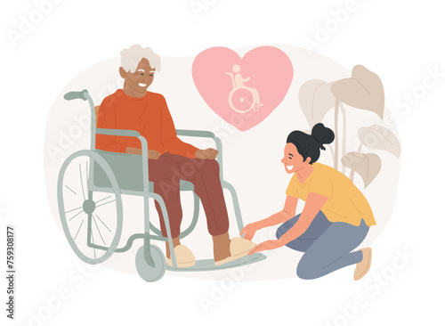 Care of the disabled isolated concept vector illustration. Disability care, downs syndrome, senior on wheelchair, help for old people, professional home nursing services vector concept.