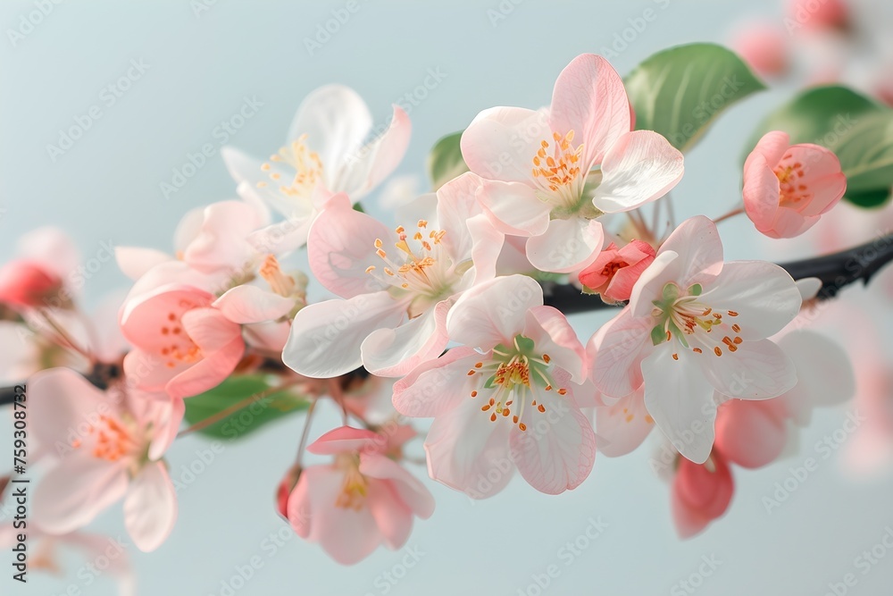 
  branch of a blossoming apple tree close-up, stock photo, in the style of light pink and dark indigo, minimalistic sketches of nature. Generative AI.
