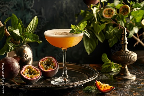 Passion fruit martini, with warm tones and soft focus photo