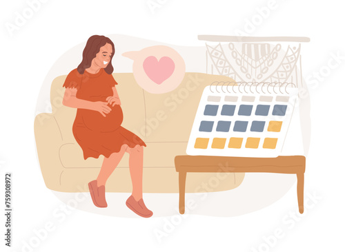 Maternity leave isolated concept vector illustration. Pregnant woman, expecting a baby, happy mother, working mom, home office, care for children, baby carriage, family walk vector concept.