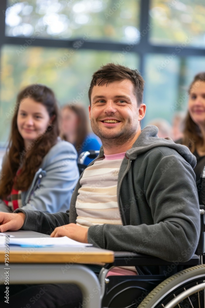 A man in a wheelchair smiling while sitting in front of a group of students. Generative AI. A man in a wheelchair smiling while sitting in front of a group of students. Generative AI.