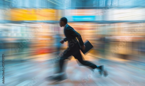 Blurred image of a man running in a busy airport. Generative AI.