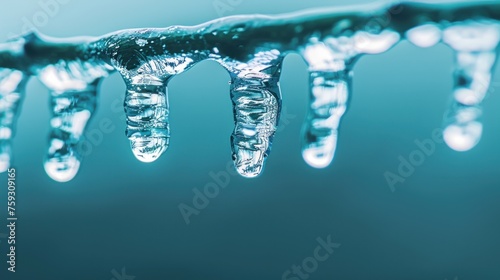 a group of icicles hanging from the side of a blue ice floet with drops of water on them.