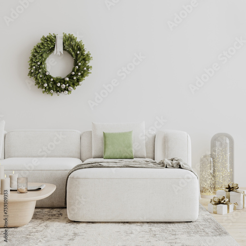 Livng room interior decorated for Christmas, 3d render photo
