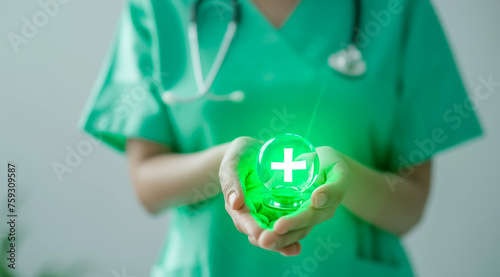 Double exposure of healthcare And Medicine concept. Doctor and modern virtual screen interface icons  blurred background.