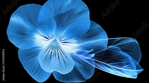 a blue flower on a black background with a white center in the middle of the flower and a blue center in the middle of the flower.