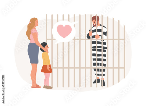 Dads in prison isolated concept vector illustration. Fathers in prison, family instability, incarcerated dad, hand in jail, striped costumes, in court, child visiting relative vector concept.