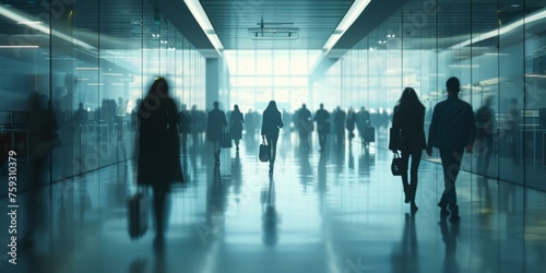 A group of people walking through an airport with luggage. Generative AI.
