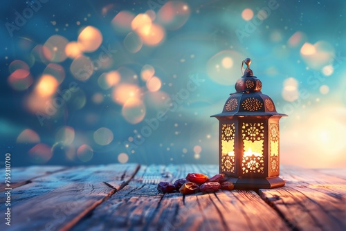 ramadan background with ample copy space, lantern and dates on wooden table, blue sky, bokeh lights, soft shadows