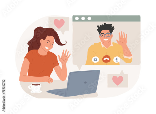 Online relationships isolated concept vector illustration. Romantic couple, girlfriend and boyfriend online meeting, virtual dating, social network, video application, romance vector concept.