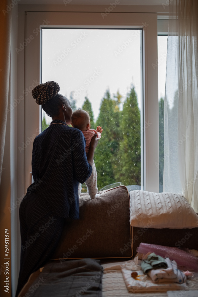 Mother and child admiring snowfall Mother and child admiring snowfall