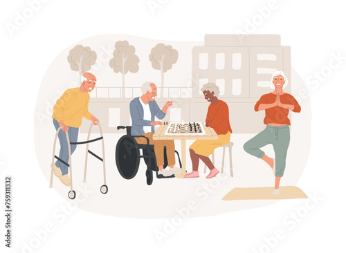 Communities for older people isolated concept vector illustration. Senior housing, retirement community, shared services, health and wellness activities, maintenance-free vector concept.