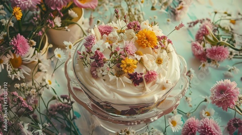 a cake sitting on top of a glass cake plate covered in white frosting surrounded by pink and yellow flowers. photo