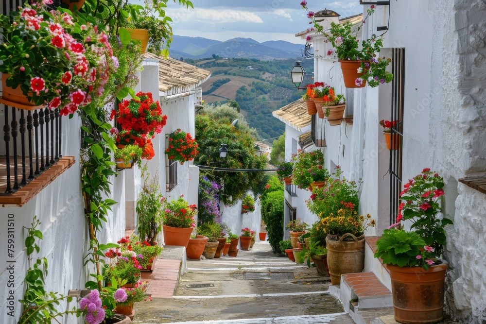 Naklejka premium Blooming Greek street with mountain views