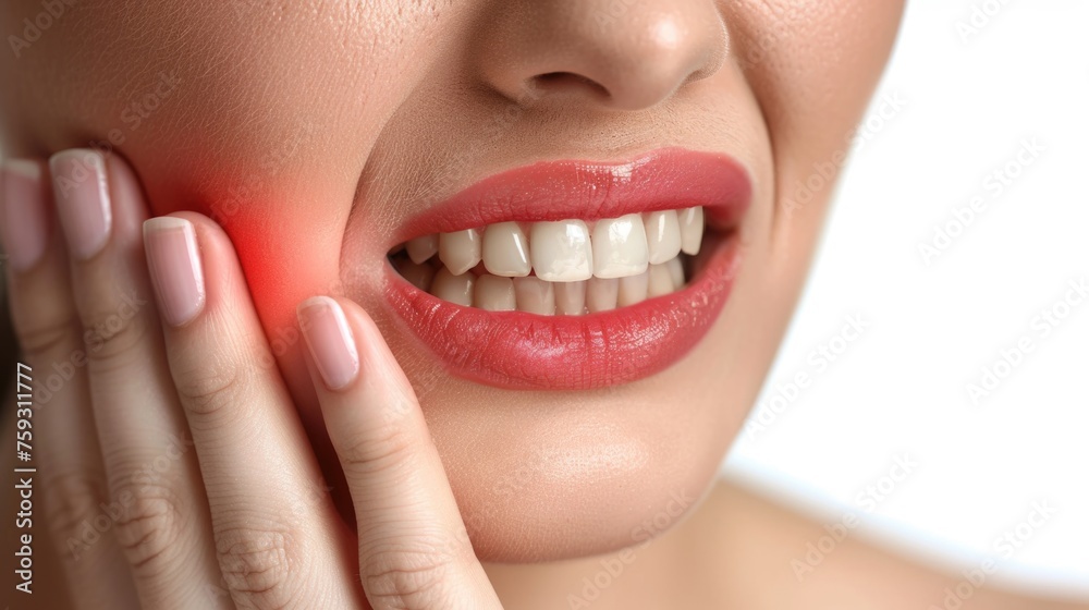 A woman holds her cheek while suffering from a toothache, depicting the discomfort and pain experienced during dental issues, emphasizing the need for oral health care and treatment A woman holds her cheek while suffering from a toothache, depicting the discomfort and pain experienced during dental issues, emphasizing the need for oral health care and treatment