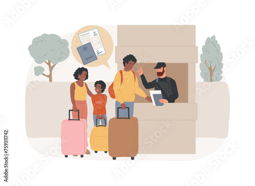 Migration control isolated concept vector illustration. Border control, illegal immigration, check documents, application form, fingerprints, inscription covid-19, passport vector concept.