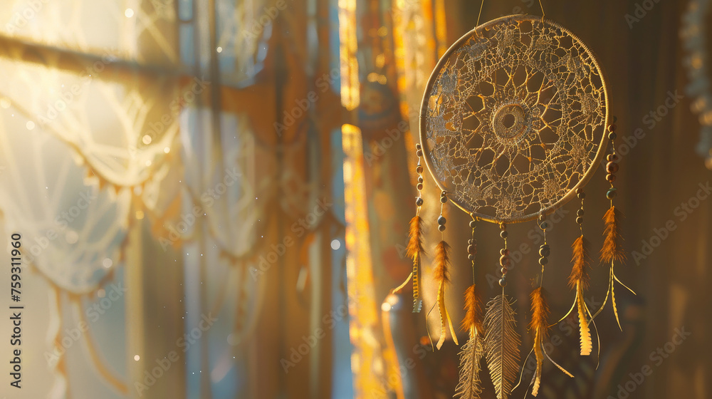a 3D render of a bohemian dreamcatcher with elaborate lace patterns realistic textures a 3D render of a bohemian dreamcatcher with elaborate lace patterns realistic textures