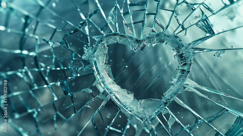 a shattered glass pane with a distinct heart-shaped break in the middle intricate crack patterns radiating outward - obrazy, fototapety, plakaty 