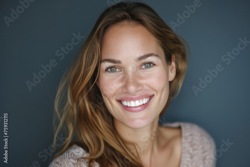 A woman with long hair is smiling for the camera