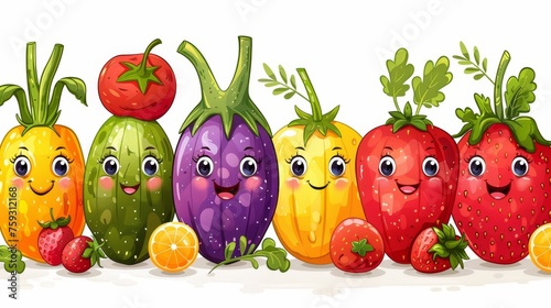 group of fruits and vegetables characters on a white background