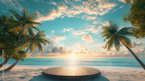 an idyllic coastal vista featuring a round platform on a pristine beach palm trees swaying photo